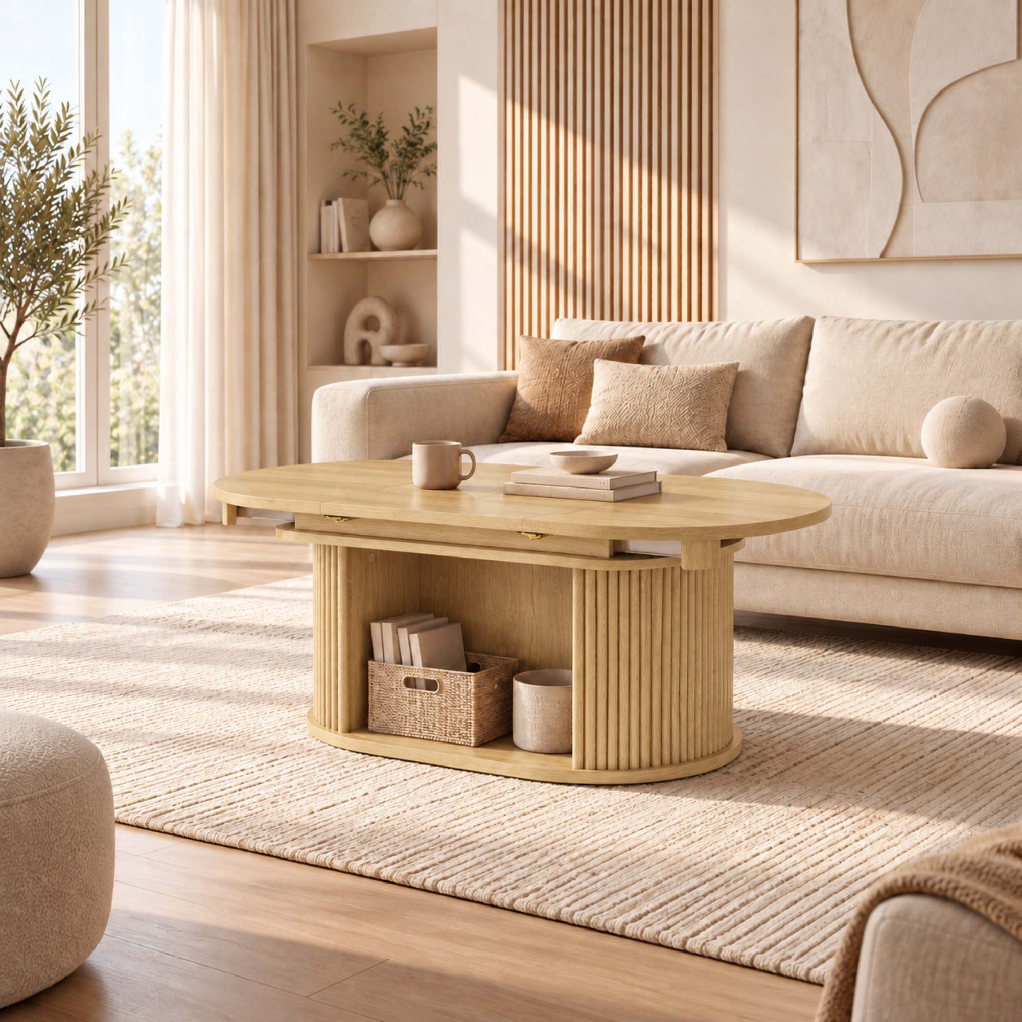 Lacoo Extendable Oval Coffee Table with Storage, Fluted Base with Cubby for Living Room, Den, Beige