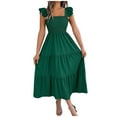 thumbnail image 3 of Riforla 2024 Summer Solid Color Waist Square Neck A Line Long Skirt with Hems Peephole Dresses for Women Green M, 3 of 9
