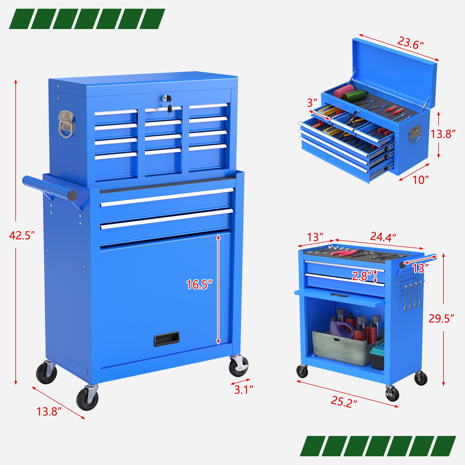 Odaof 8-Drawer Rolling Tool Chest on Wheels with Drawers Locking Toolbox Organizer for Mechanics Garage Workshop Blue