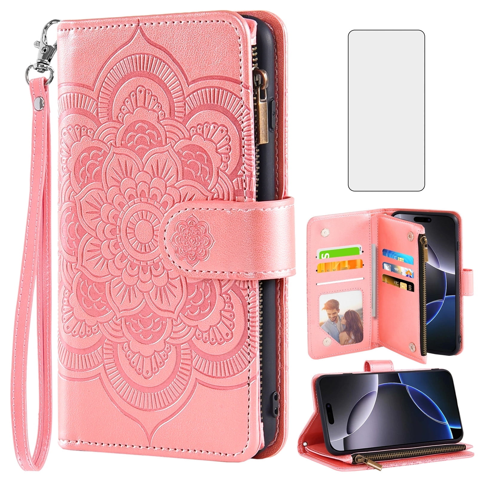 Compatible with iPhone 16 Pro Max 6.9 inch Wallet Phone Case and Tempered Glass Screen Protector Flower Faux Leather Flip Credit Card Holder Stand Zipper Cell Cover for i16 ProMax 16ProMax Pink