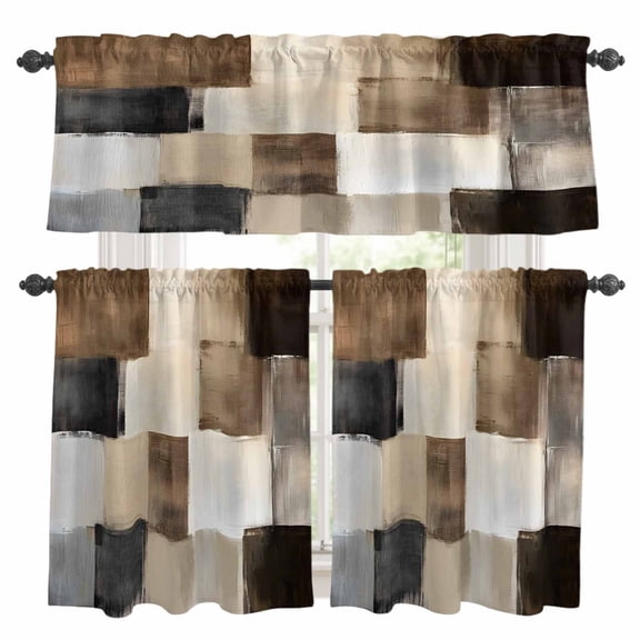 Black Brown Abstract Kitchen Curtains Sets for Windows 36 Inch Length, Oil Painting Color Blocks Rod Pocket Window Treatments Tier Curtains and Valances Set for Bedroom/Bathroom