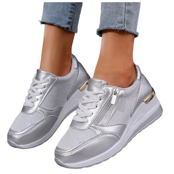 Wedge Fashion Sneakers for Women Gold Leather Heeled Zipper Lace up Casual Walking Work Tennis Shoes