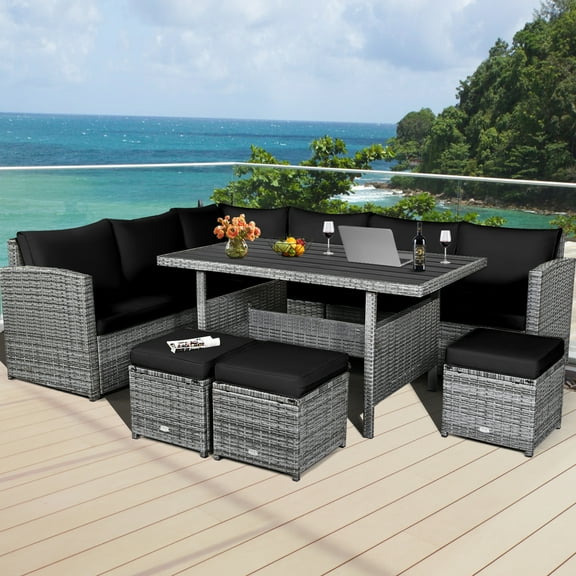 Gymax 7PCS Rattan Patio Sectional Sofa Set Conversation Set w/ Black Cushions