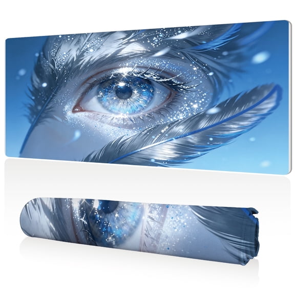 LIVEKEY XL Mouse Pad Blue Eye with Feathers Design 80x40x0.3cm Full Desk Coverage Non Slip Durable Easy Clean Stitched Edges for Gaming and Office