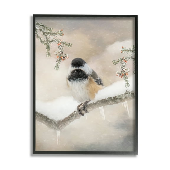 Stupell Industries Bird on Winter Branch Animals & Insects Painting Black Framed Art Print Wall Art, 11 x 14