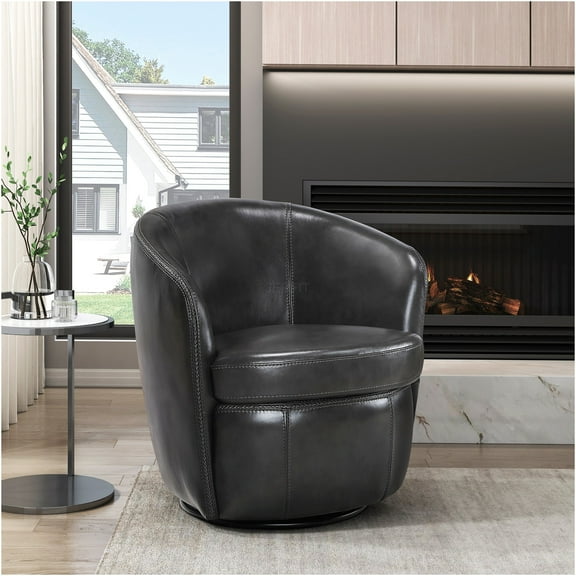 JERFIT Modern Leather Swivel Chair, 360 Degree Rotating Barrel Accent Chair with Solid Wood Frame for Living Room, Office, Smoke Grey