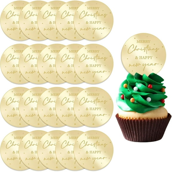 20Pcs Merry Christmas Cupcake Toppers, Happy New Year Golden Round Acrylic Cupcake Charm Christmas Themed Mirror Cake Discs for DIY Decor Supplies