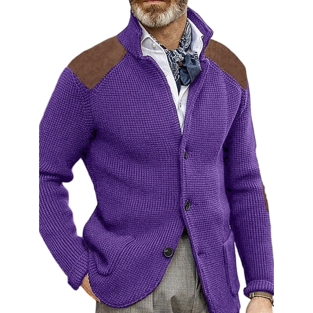 MAWCLOS Mens Cardigan Sweater Long Sleeve Jacket Button Down Coat Knitted Winter Warm Open Front Outwear Purple 4XL