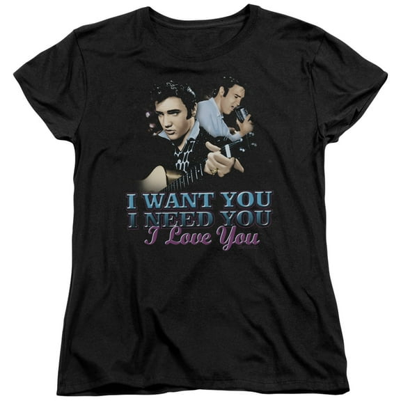 Trevco ELV706-WT-4 Elvis Presley & I Want You Womens Short Sleeve T-Shirt, Black - Extra Large