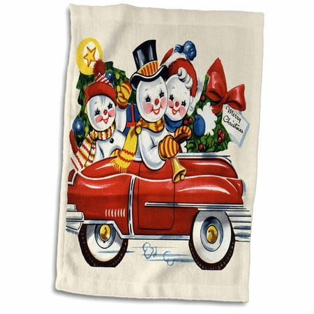 3dRose Cartoon Snow People Family in Red Car with Christmas Tree and Wreath - Towel, 15 by