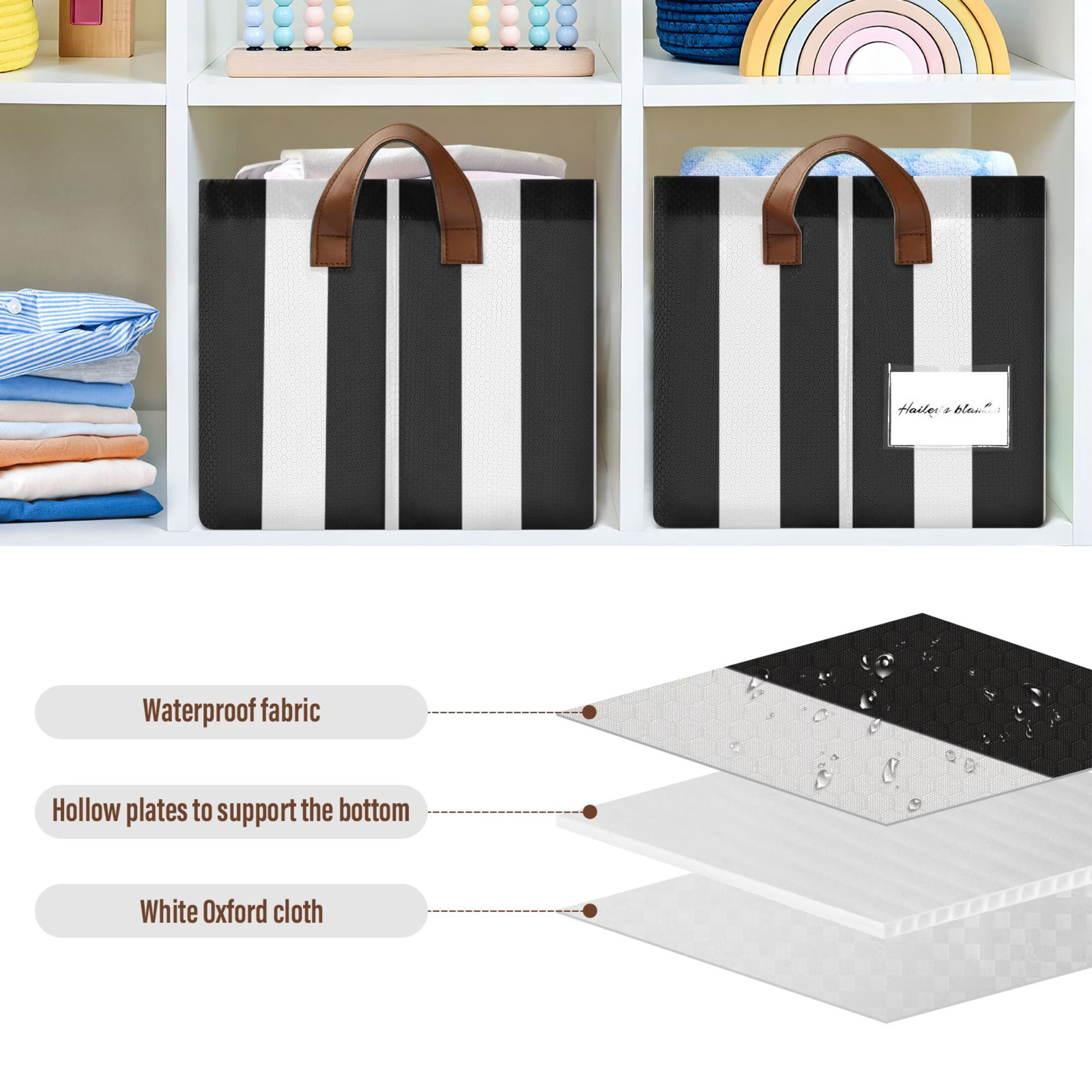 Ryvnso White and Black Stripe Pattern Storage Bins Large Basket Foldable Cube Toys Organizer with Handles 2 PCs