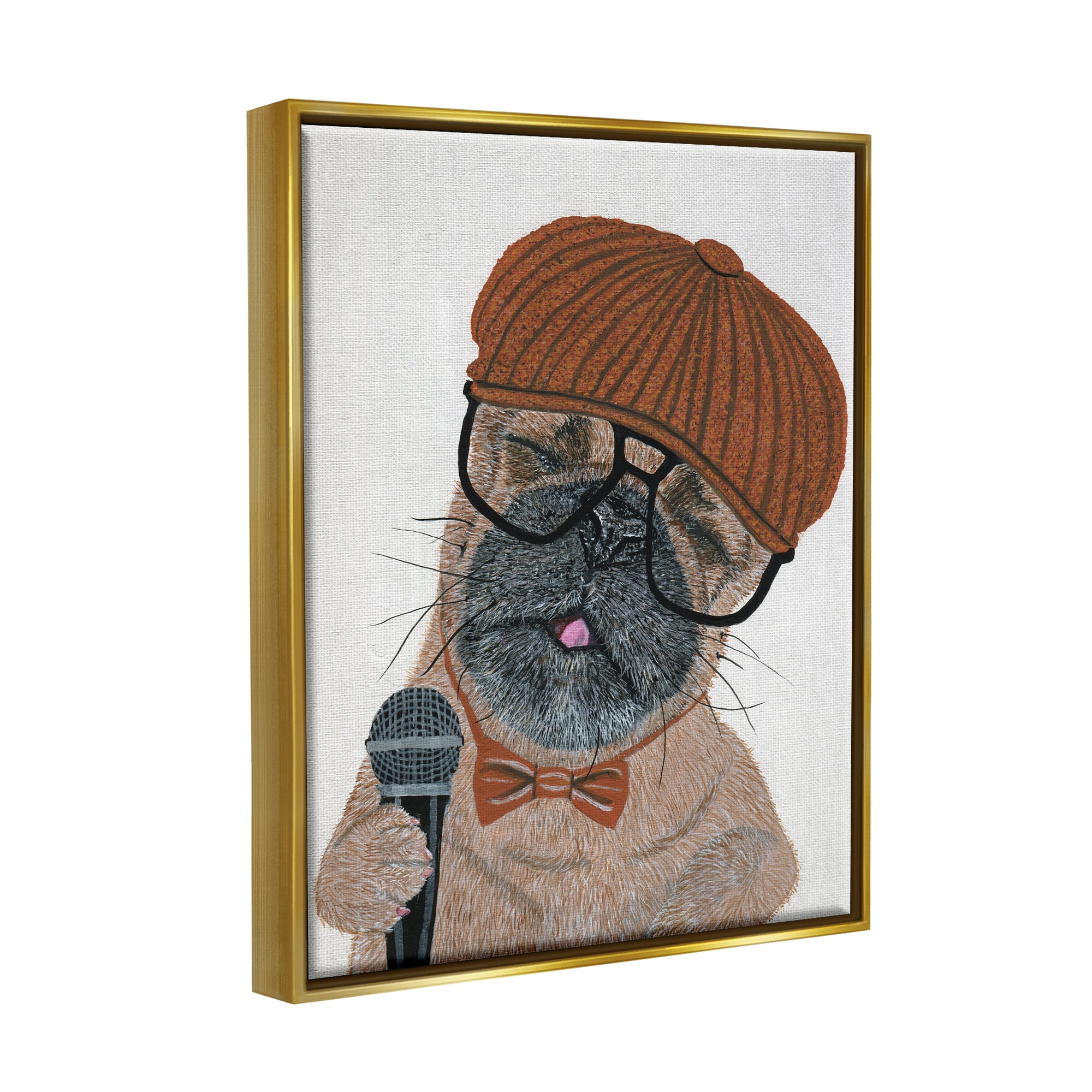 Stupell Industries Hipster Pug Portrait Animals & Insects Painting Gold Floater Framed Canvas Art Print Wall Art, 25 x 31