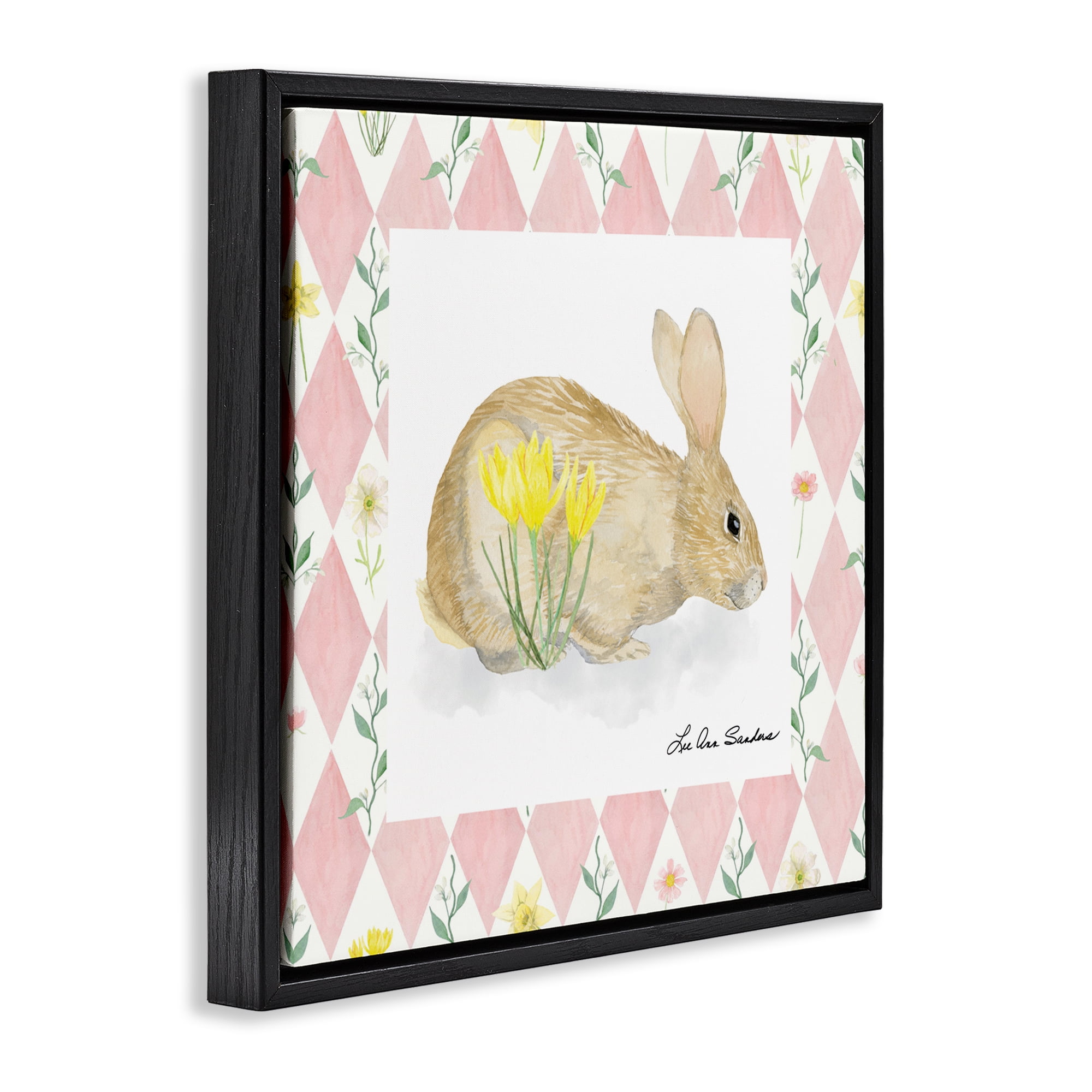 Buttercup Bunny on Pink Argyle Black Framed Floater Canvas Wall Art, design by Lee Ann Sanders