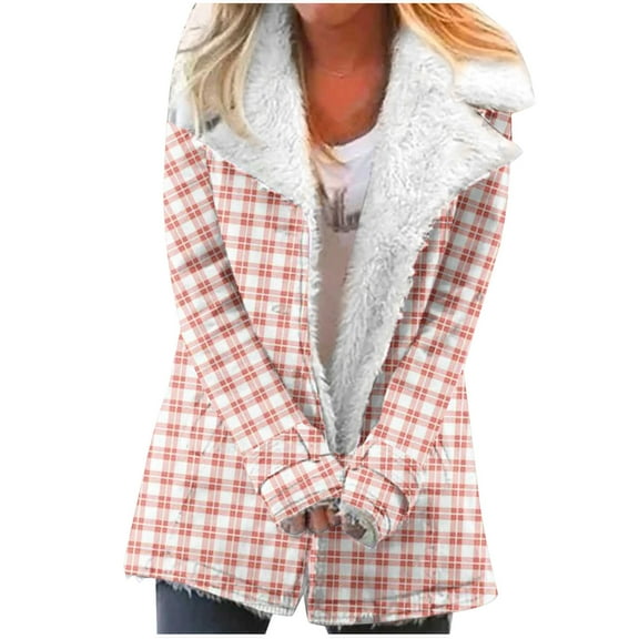 Winter Warm Caots for Womens Fashion Plus Size Zip Up Plaid Printed Fashionable Long Sleeved Pocket Composite Plush Button Coat Gifts for Womens