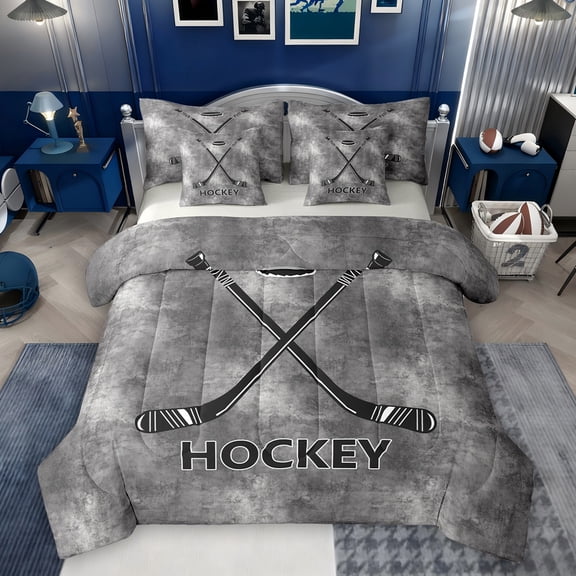 Feelyou Ice Hockey Gaming Twin Bedding Sets 7-Piece, Grey Watercolor Bedding Comforter Set