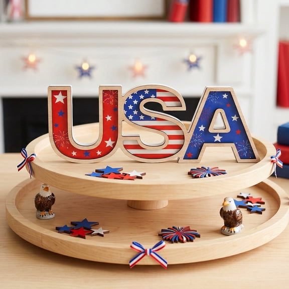 Memorial Day 4th Of July Table Decorations, Wooden Patriotic Red White Blue USA Sign, American Independence Day Indoor Tabletop Centerpiece Shelf Office Desk Mantel Rustic Farmhouse Home Decor