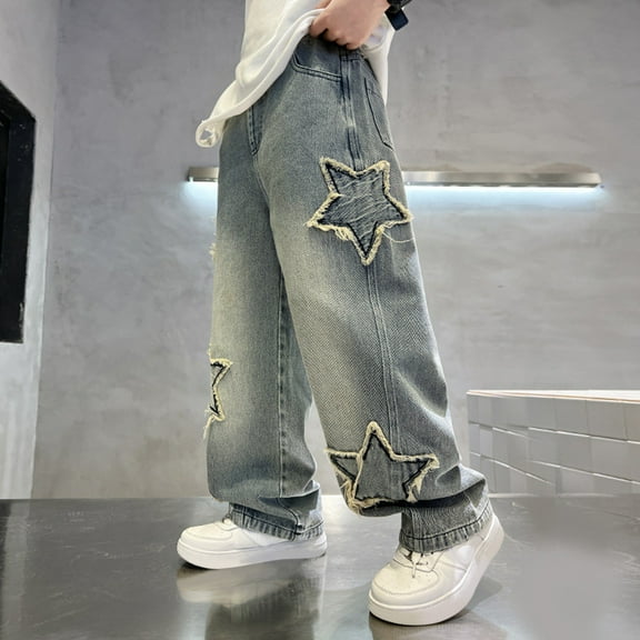 CPNG Boy's Baggy Vintage Jeans Kids Loose Fit Casual Straight Wide Leg Star Embroidery Denim Pants with Pockets Fashion Vintage High Waist Y2k Streetwear