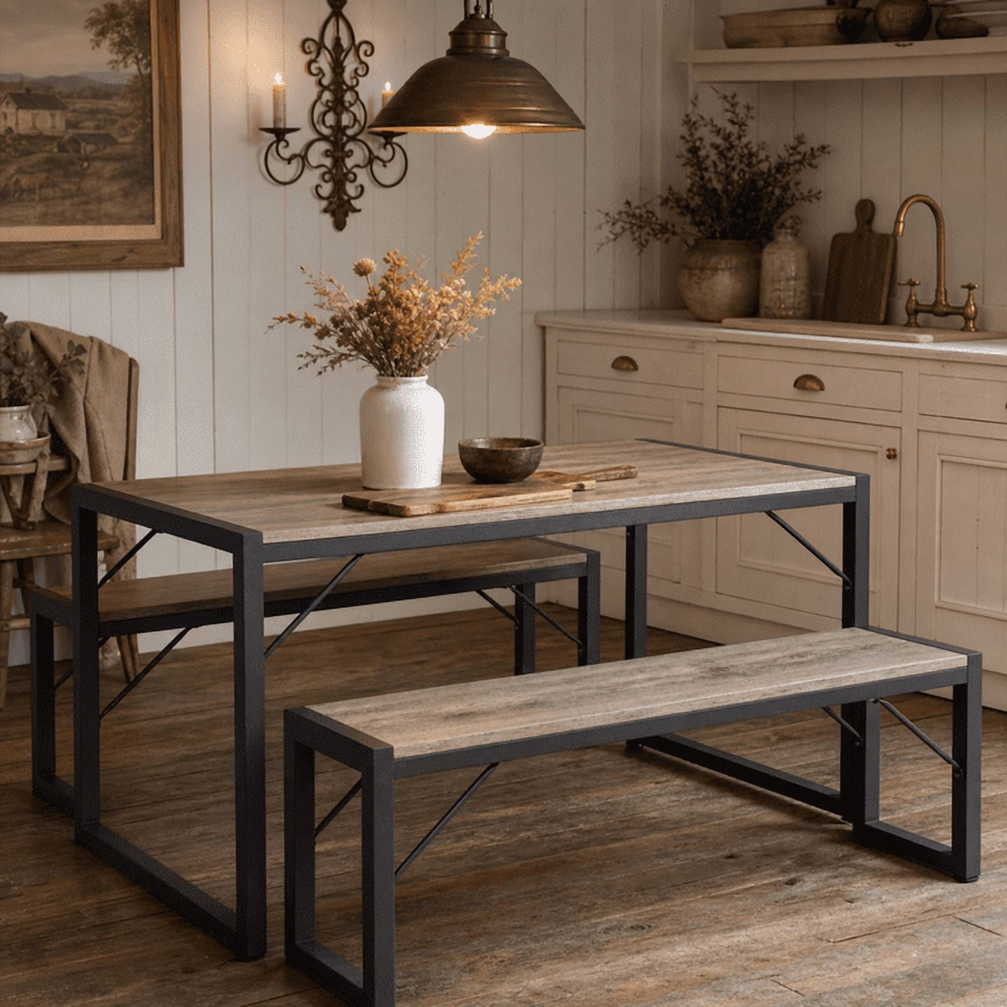 Aiho 45.5" Dining Table Set for 4, Kitchen Table with 2 Benches, Wood Dinette Sets with Metal Frame - Gray