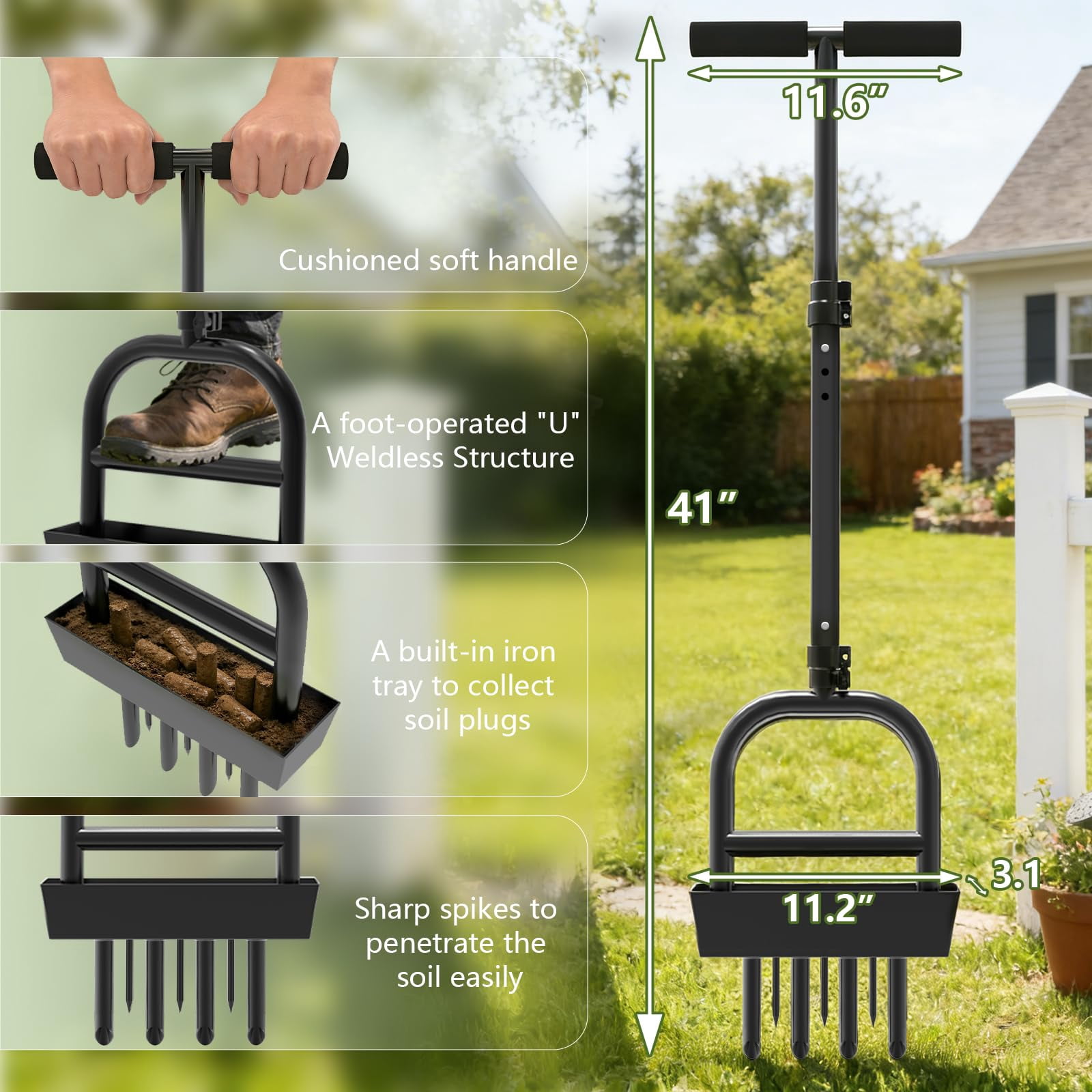 Yacona Manual Lawn Aerator Tool, Grass Aerator with Padded T-Handle, Yard Garden Tools, Black