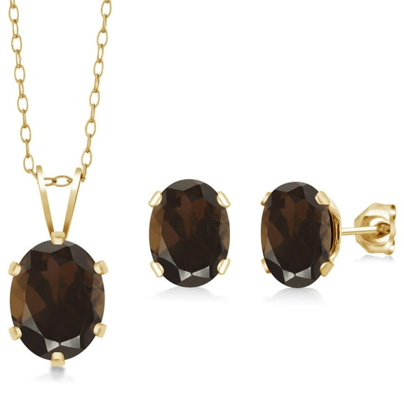 Gem Stone King 18K Yellow Gold Plated Silver Brown Smoky Quartz Pendant and Earrings Jewelry Set for Women (2.70 Cttw, Gemstone Birthstone, Oval 8X6MM and 6X4MM, with 18 inch Chain)