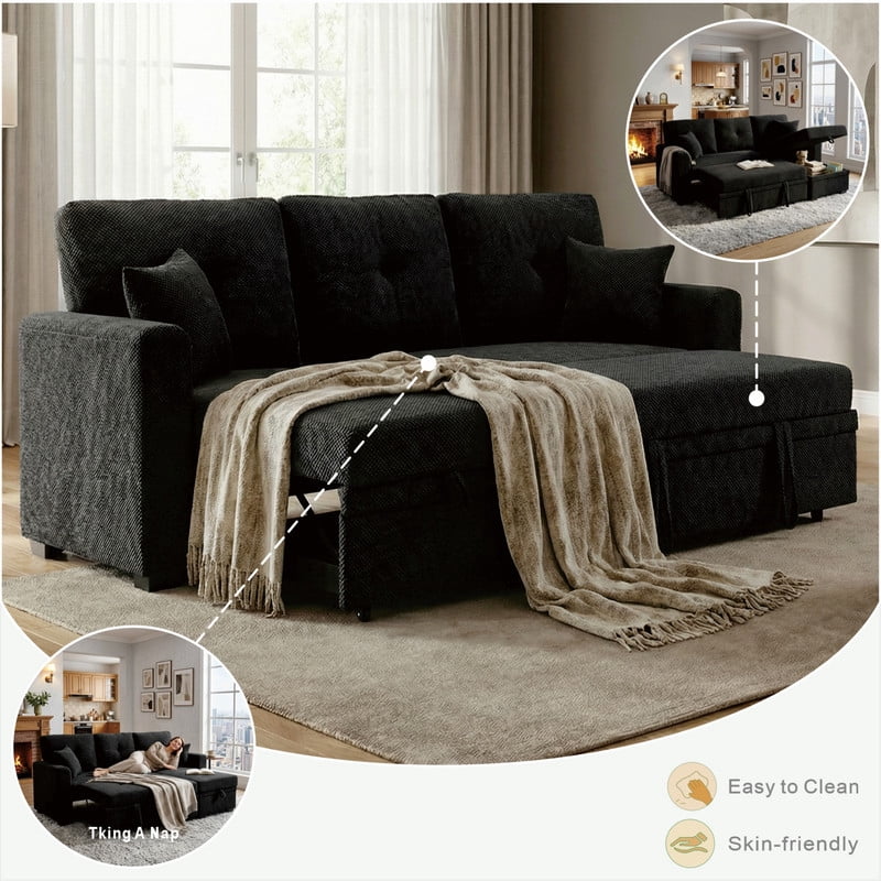 Convertible Sleeper Sectional Sofa with Pull-Out Bed & Reversible Chaise, Loveseat Couch with Hidden Storage for Small Spaces