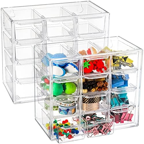 2 Pack Mini Desk Organizer with 12 Removable Drawers, Clear Plastic Desktop Drawer Organizer, Desk Craft Storage Box for DIY Crafts, Art Supply, Office, Cosmetic, Jewelry$$Office