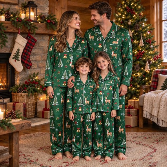 Kelon Family Christmas Pajamas Matching Sets - Green Silk Satin Christmas Pajamas for Family, Festive Reindeer Bell & Tree Print Holiday Pajamas with White Trim, Matching Pajamas for Couples