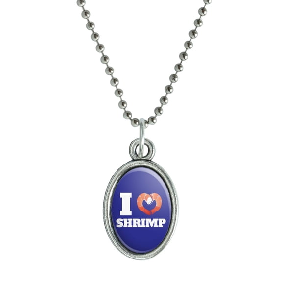 I Love Shrimp with Heart Antiqued Oval Charm Pendant with Chain