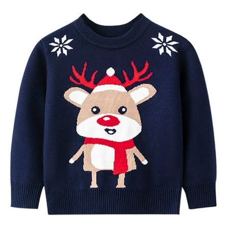 

1-6T Kids Boys Girls Funny Christmas Sweater Crewneck Pullover Xmas Sweatshirt - Navy Reindeer
