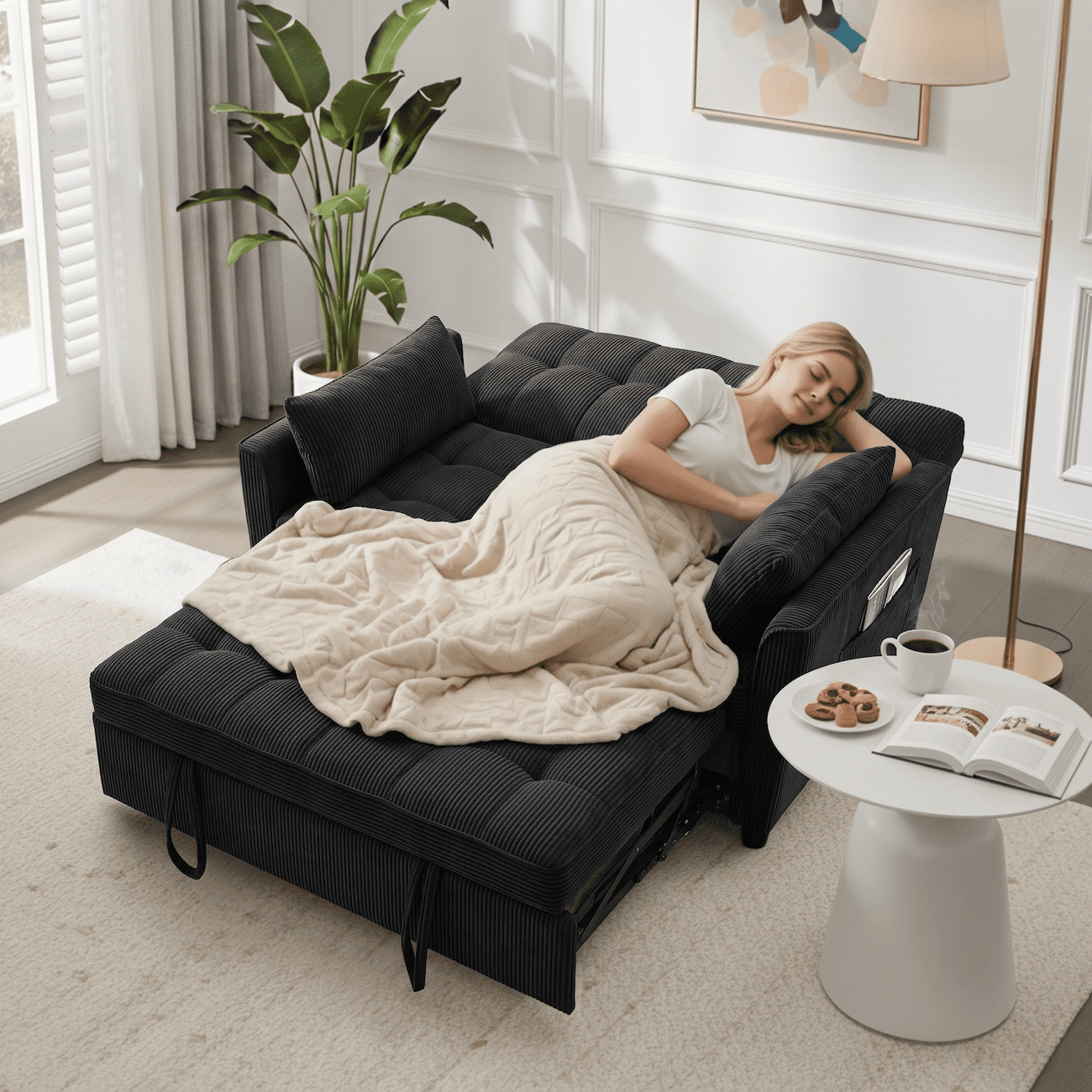 Xiweot 54" Sleeper Sofa Bed, Convertible Pull Out Couch for Living Room Apartment, Velvet Futon Loveseat Sofa Bed with Adjustable Backrest, Side Pockets, 2 Pillows, Easy Assembly (Black)