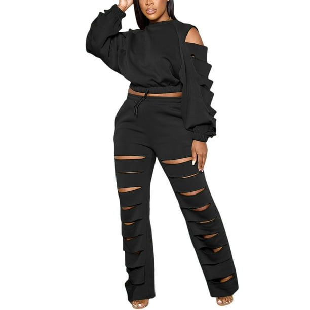 MAWCLOS Women Crop Tops And Pant Outfits Solid Color Two Piece Outfit Long  Sleeve Jogger Set Casual Travel Crew Neck Lounge Sets Black M 