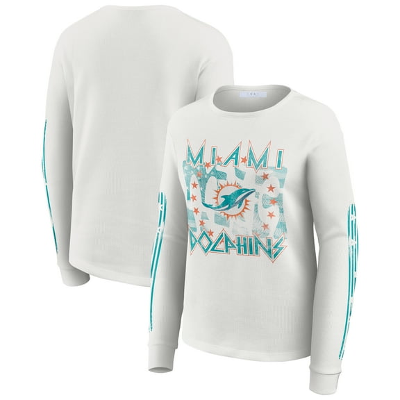 Women's WEAR by Erin Andrews White Miami Dolphins Graphic Waffle Long-Sleeve T-Shirt