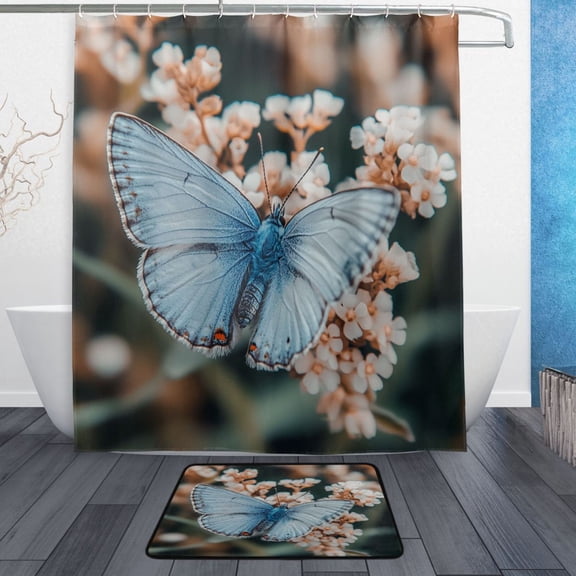 Bath Curtain & Non-Slip Bath Mat Set 12-Grommet Shower Curtain Memory Foam Bath Rug Blue Butterfly Sits on The Flowers