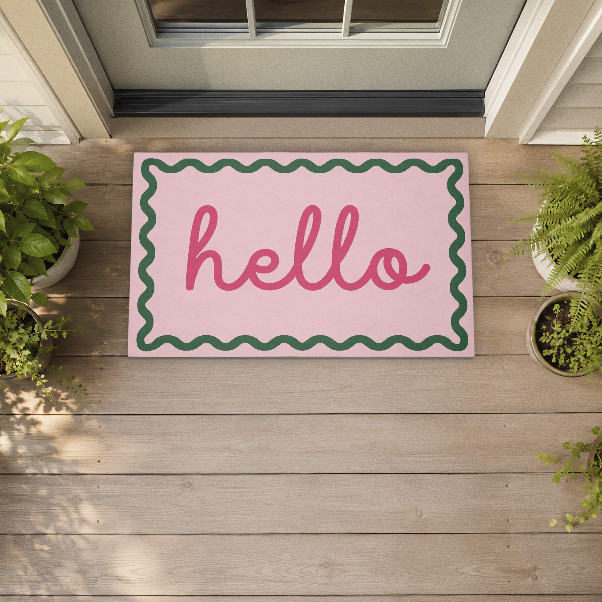 Stupell Industries Pink Hello Wavy Border Printed Outdoor Door Floor Mat, design by Lil' Rue