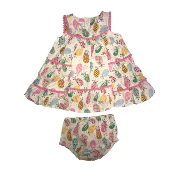 Infant Girls White Flared Pineapple Baby Dress Pompom Trim & Diaper Cover 6-9M