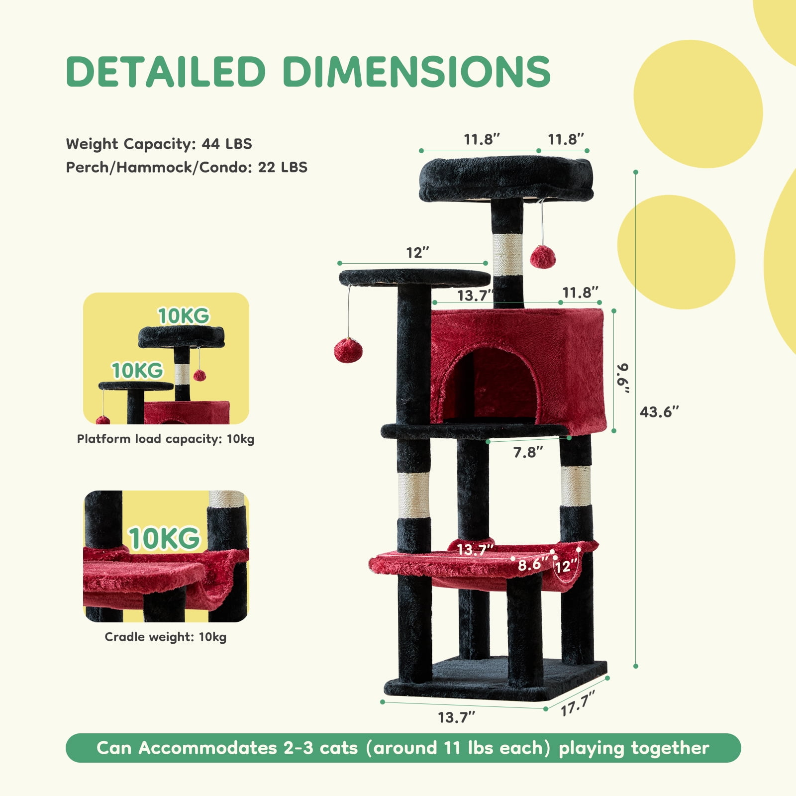 JIOABL 44" Multi-Level Cat Tree Tower with Hammock, Condo, Climbing Plates, Plush Toy, Kitty Playing House, Black Red