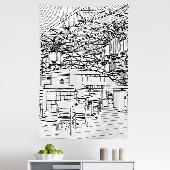 Modern Tapestry, Restaurant Cafe Bar Themed Outline Detailed Sketch Scene Art Design Tables Chairs, Fabric Wall Hanging Decor for Bedroom Living Room Dorm, 5 Sizes, Black White, by Ambesonne