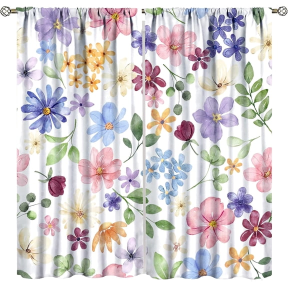 Floral Curtains, Spring Watercolor Flower Plant Rustic Modern Style Pattern for Bedroom Living Room, 2 Panel Set,42X54 Inch