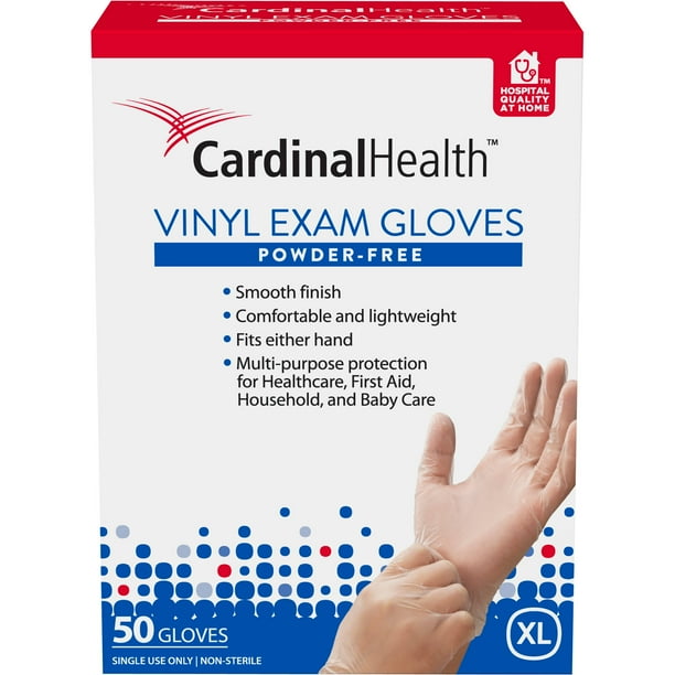 Cardinal Health PowderFree Vinyl Exam Gloves, Extra Large, 50 count