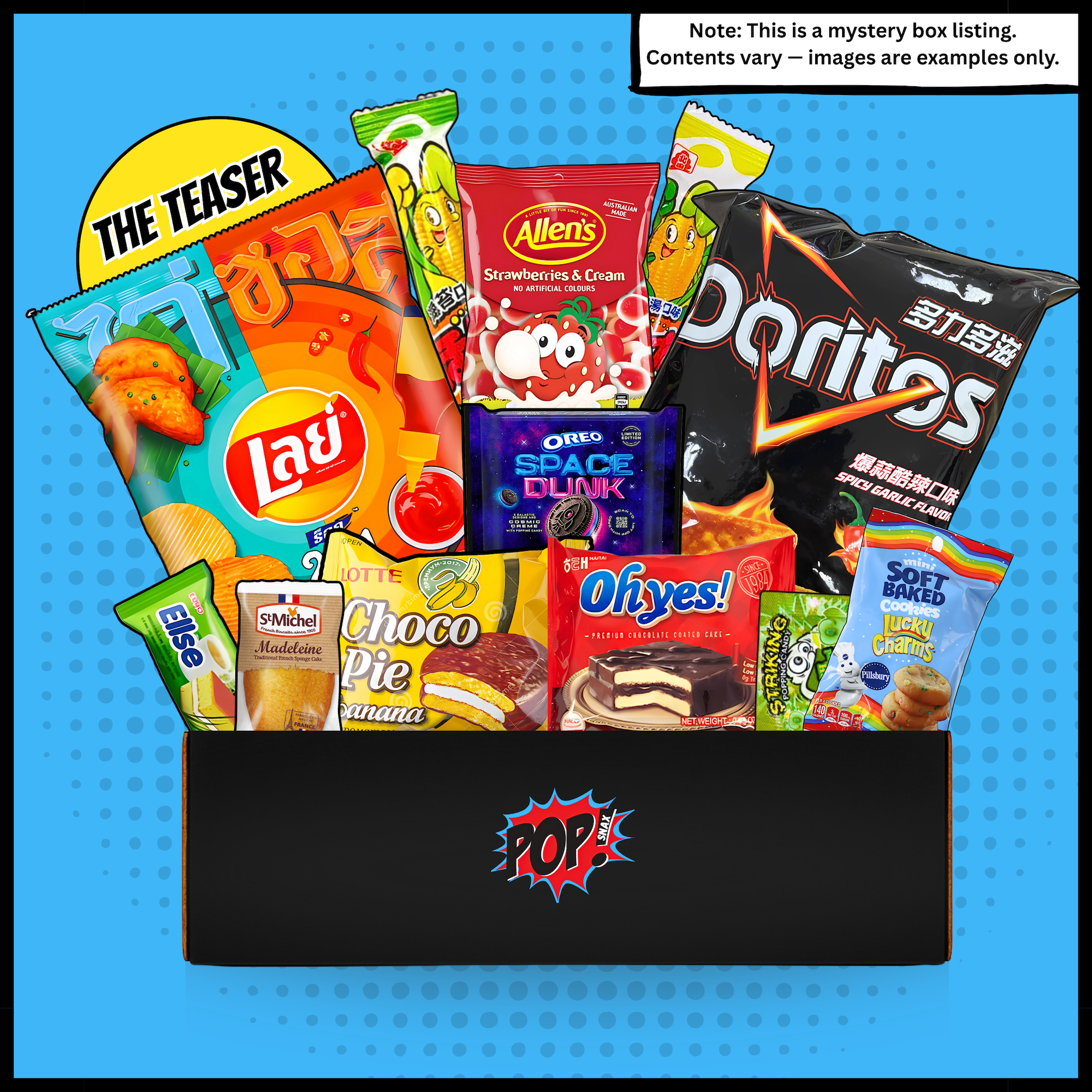 Pop Snax International Mystery Snack Box | 12 Global Treats Variety Pack | The Teaser Mystery Snack Gift Basket with Chips, Candy & Cookies