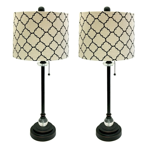 Royal Designs 28" Crystal and Oil Rub Bronze Lamp with Eggshell and Black Moroccan Print Shallow Drum Hardback Lamp Shade, Set of 2