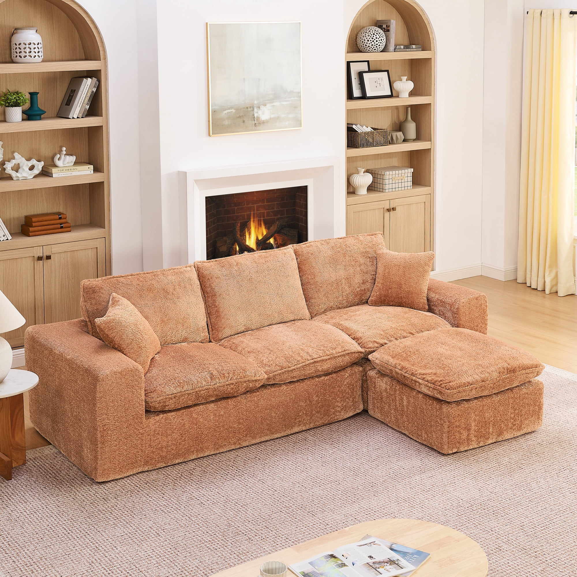 107" Boucle Sectional Sofa L Shaped Couch with Ottoman Cloud Couch 4 Seat Modular Sofa Deep Seat Living Room Furniture, Orange