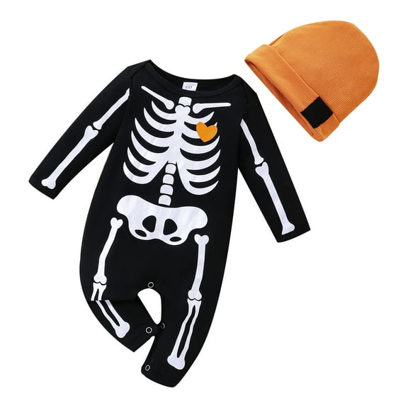 Baby Halloween Clothes,Halloween Kids Cartoon Print Long Sleeve Romper Jumpsuit With Hat Clothes Set 2PCS Outfits(Size:6-9 Months)