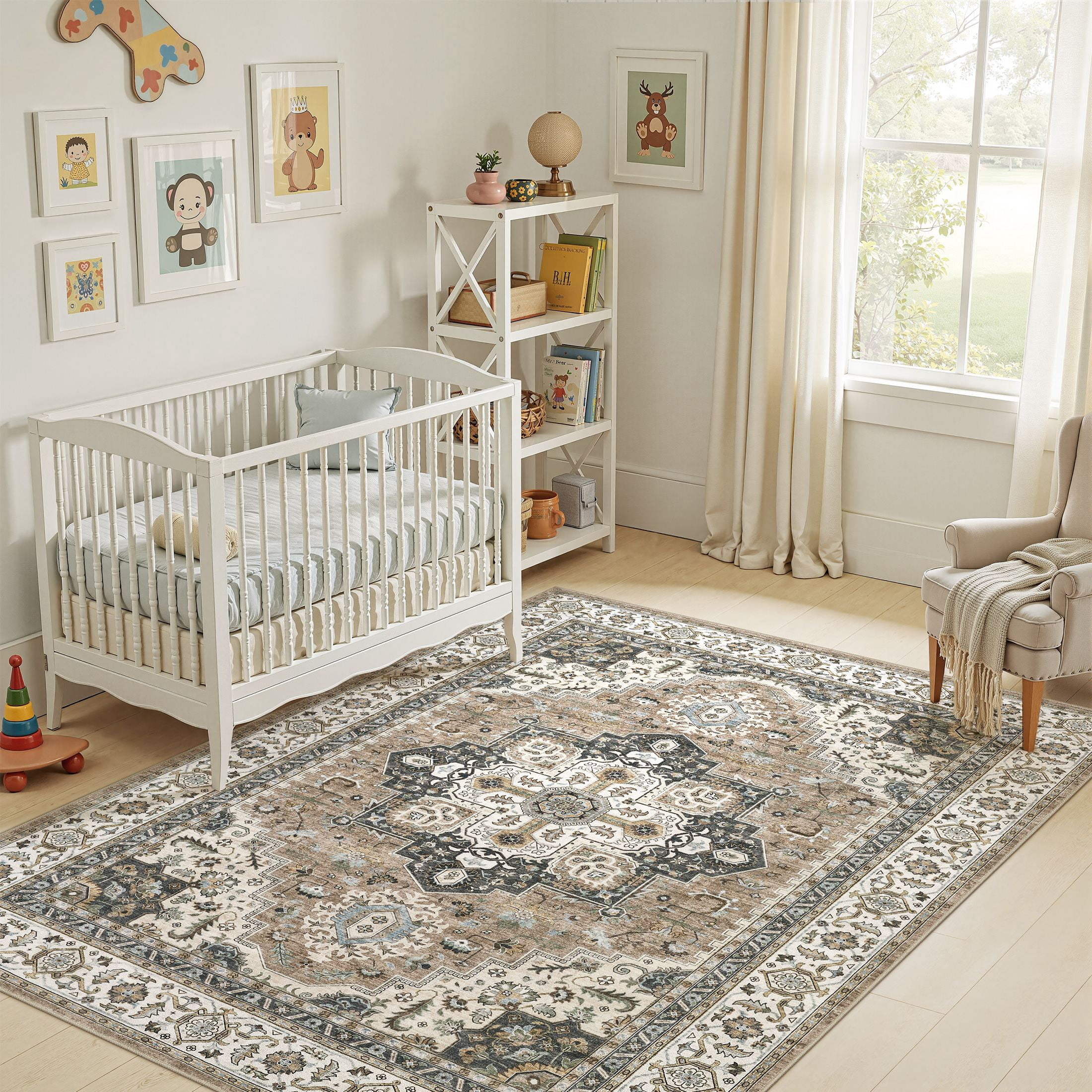 UERMEI 6'x9' Area Rugs for Living Room, Non-slip Washable Vintage Indoor Rug for Bedroom Dining Room Office, Soft Low Pile Floral Rug Home Decor Carpet, Brown Beige