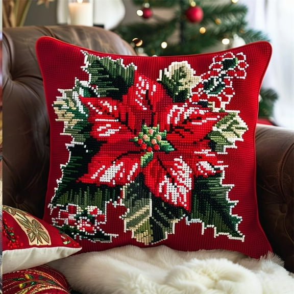 Latch Hook Pillowcase Kits Printed Canvas Cushion Latch Hook Pillow Kits 17x17inch - Red flowers