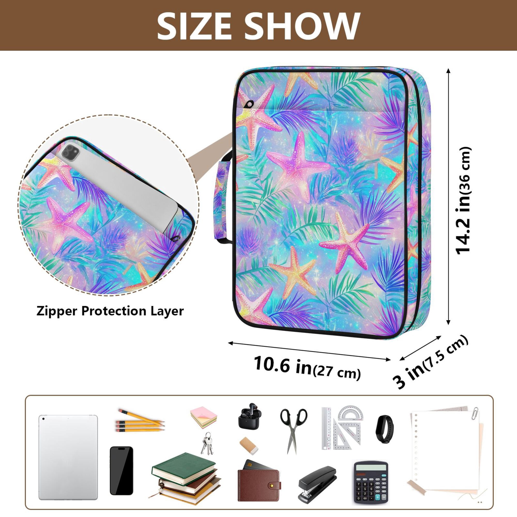FORMRS Accordion File Folder A4 Size 7-Pocket Expanding Document Organizer Bag with 3 Ring Binder, Neon Starfish Pattern