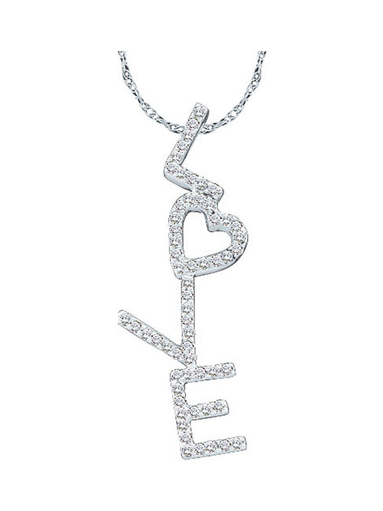 14K White Gold Diamond Love Letters Heart Word Necklace Pendant 1/5 Ctw.
