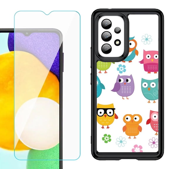 Shockproof Bumper (Black Frame) phone Case for Samsung Galaxy A23 5G, with Tempered Glass Screen Protector, by OneToughShield ® - Happy Owl