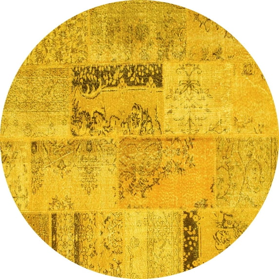 Ahgly Company Machine Washable Indoor Round Patchwork Yellow Transitional Area Rugs, 5' Round