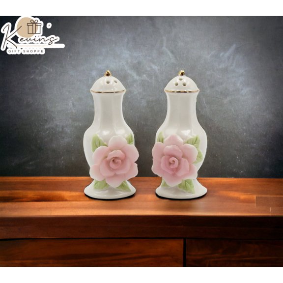 Ceramic Pink Rose Salt and Pepper Shakers Gold Trim